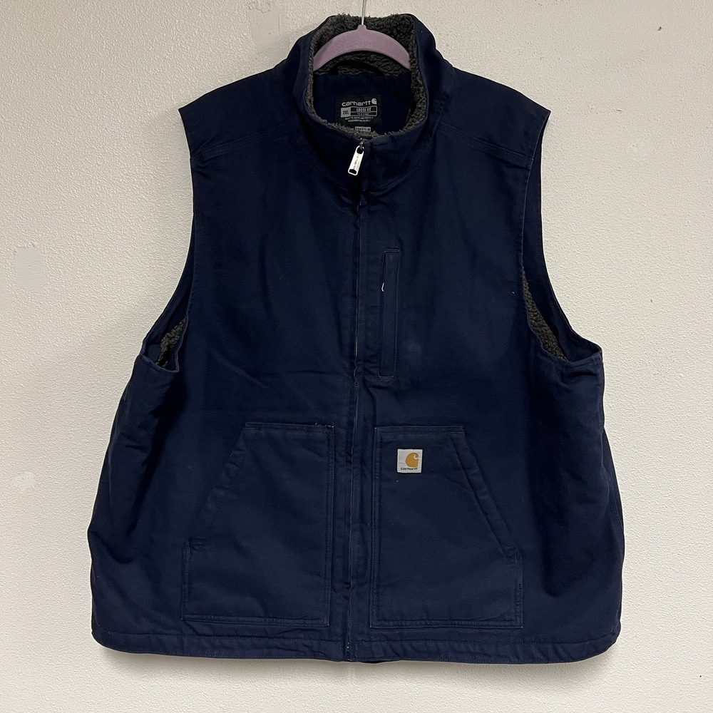 Carhartt Men's 2XL Vest Loose Fit Washed Duck Sherpa Lined Navy Blue GUC